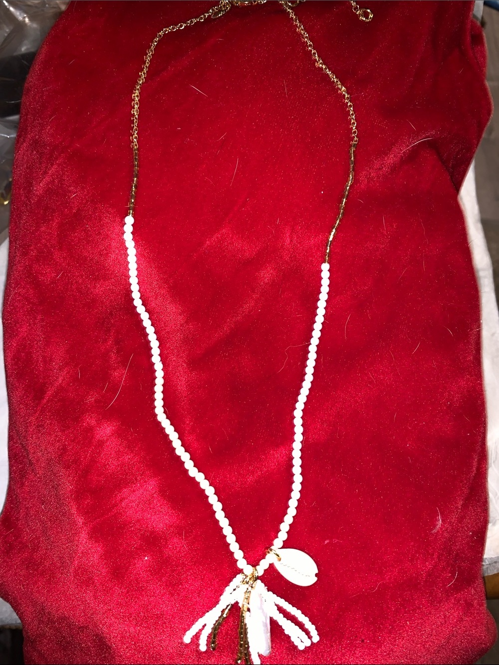 J. Crew Gold Chain Necklace with White Beads and Shell Pendant